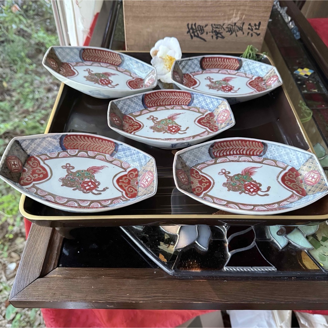 89様感謝‼️最上手伊万里 唐獅子牡丹 富貴繁栄の舟形膾皿 切支丹