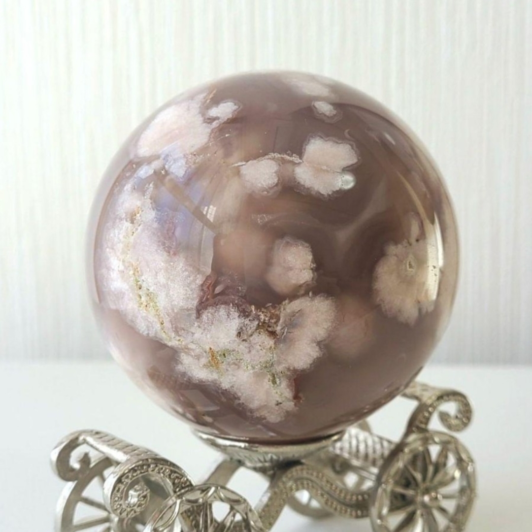 夜桜瑪瑙 スフィア 丸玉 天然石置物 コレクション 風水 フラワー