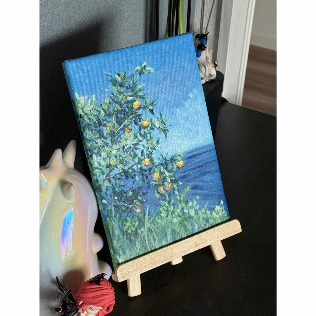 海辺の蜜柑」 手描き 油絵 風景画 原画 油彩画 美術品/アンティーク