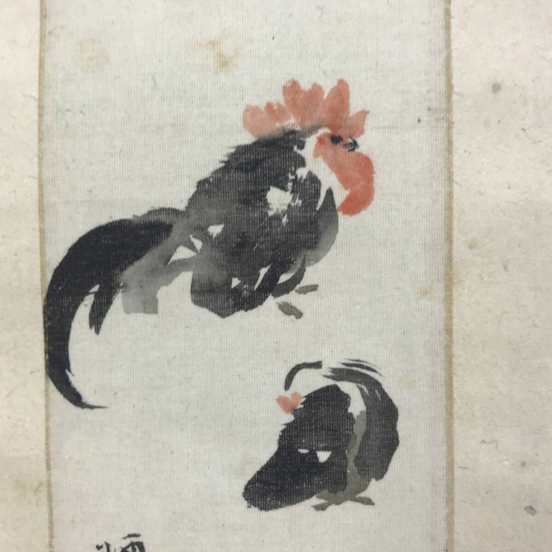 掛軸 春洋 鶏 木箱 花鳥図 親子 3-42 掛軸 春洋 鶏 木箱 花鳥図 親子 3-42