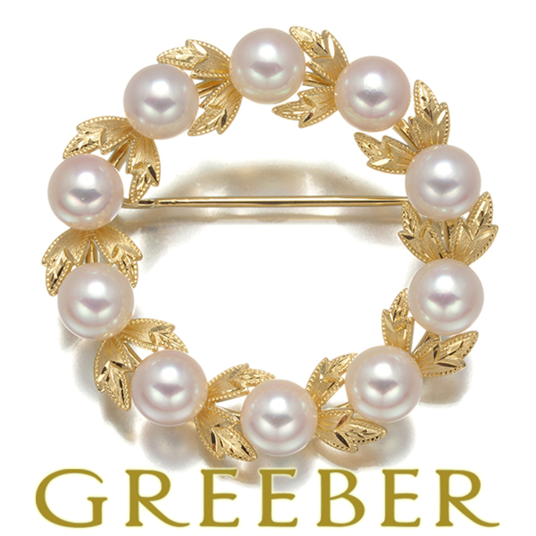 ミキモト ブローチ パール 真珠 6.0mm リーフ リース サークル K18YG