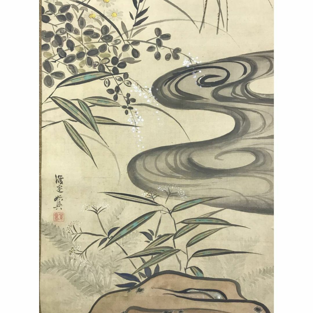 真作/竹淵/雨中牡丹之図/牡丹図/ボタン図/花図/掛軸☆宝船☆AH-608 真