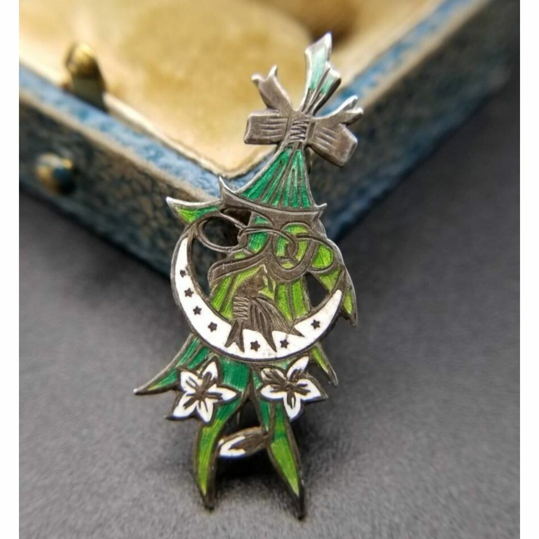 三日月にとまる鳥 緑の木 925 シルバー ヴィンテージ ブローチ