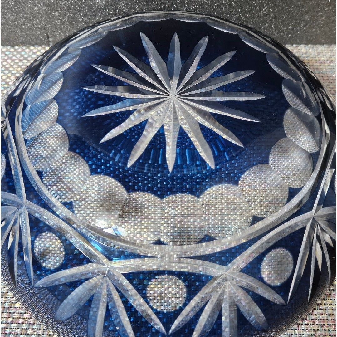 江戸切子 現代作品 青色被せ切子硝子 ガラス 鉢 菓子鉢 茶道具 茶器 共箱