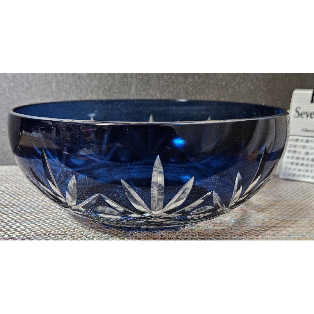 江戸切子 現代作品 青色被せ切子硝子 ガラス 鉢 菓子鉢 茶道具 茶器 共箱