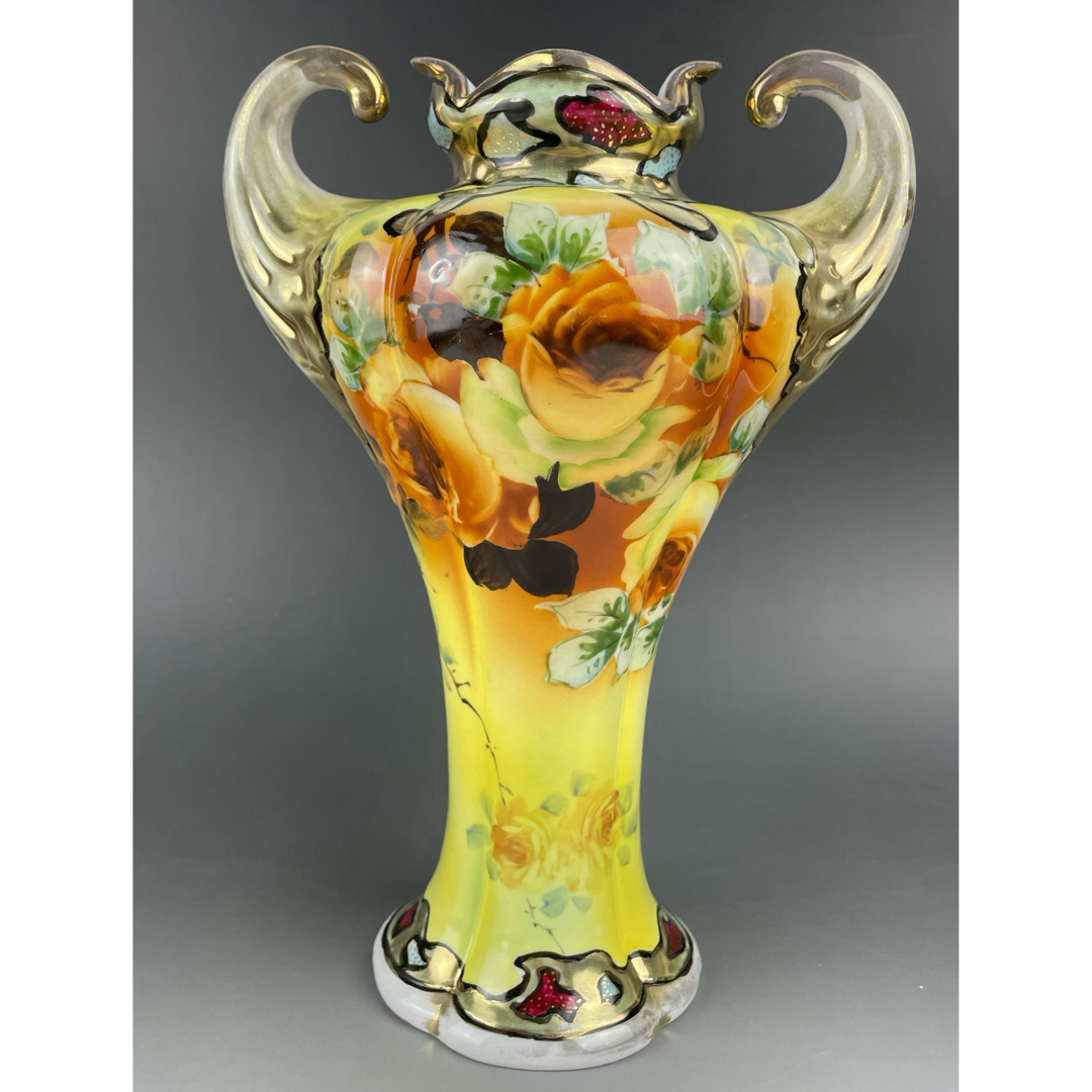 大型】オールドノリタケ 28．7cm 薔薇紋花瓶 金彩 金盛り マッスル