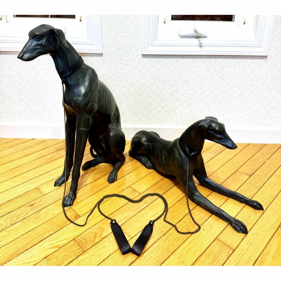 ウィペット犬等身大 緑青 ブロンズ像 彫刻 2体 銅製 時代物 WWST045