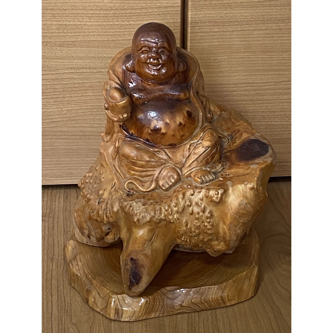 縁起物 天然木根彫七福神 布袋様一刀彫 木彫置物