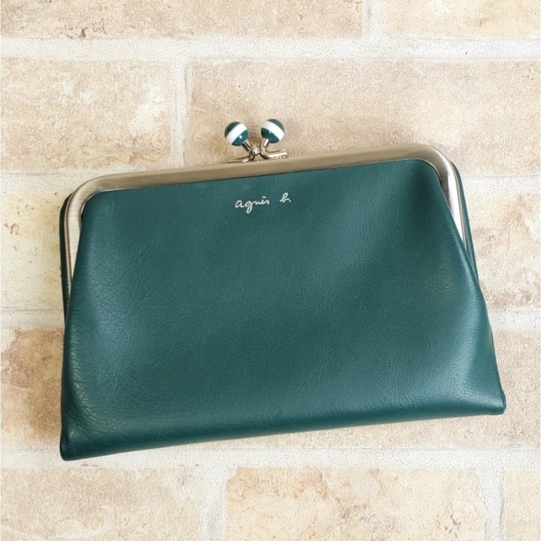 アニエスベー agnes b. がま口 二つ折り財布 グリーン レザー agnes b