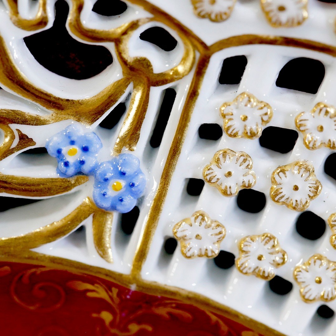 マイセン 忘れな草 透かし彫 恋人 ワトー風 飾り皿 ボタン剣 額装 19世紀