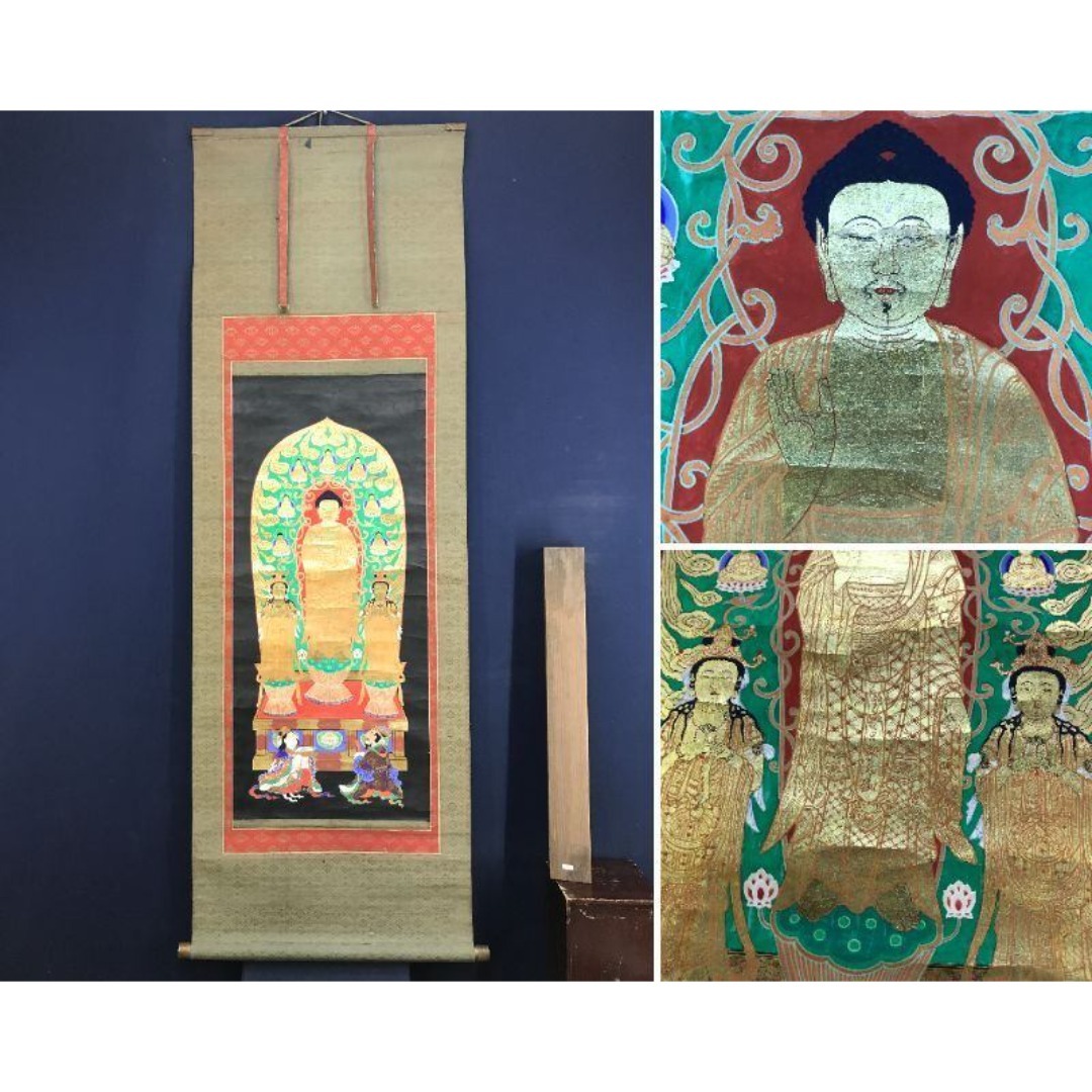 真作/作者不詳/釈迦三尊像図/古画/仏掛軸/掛軸☆宝船☆