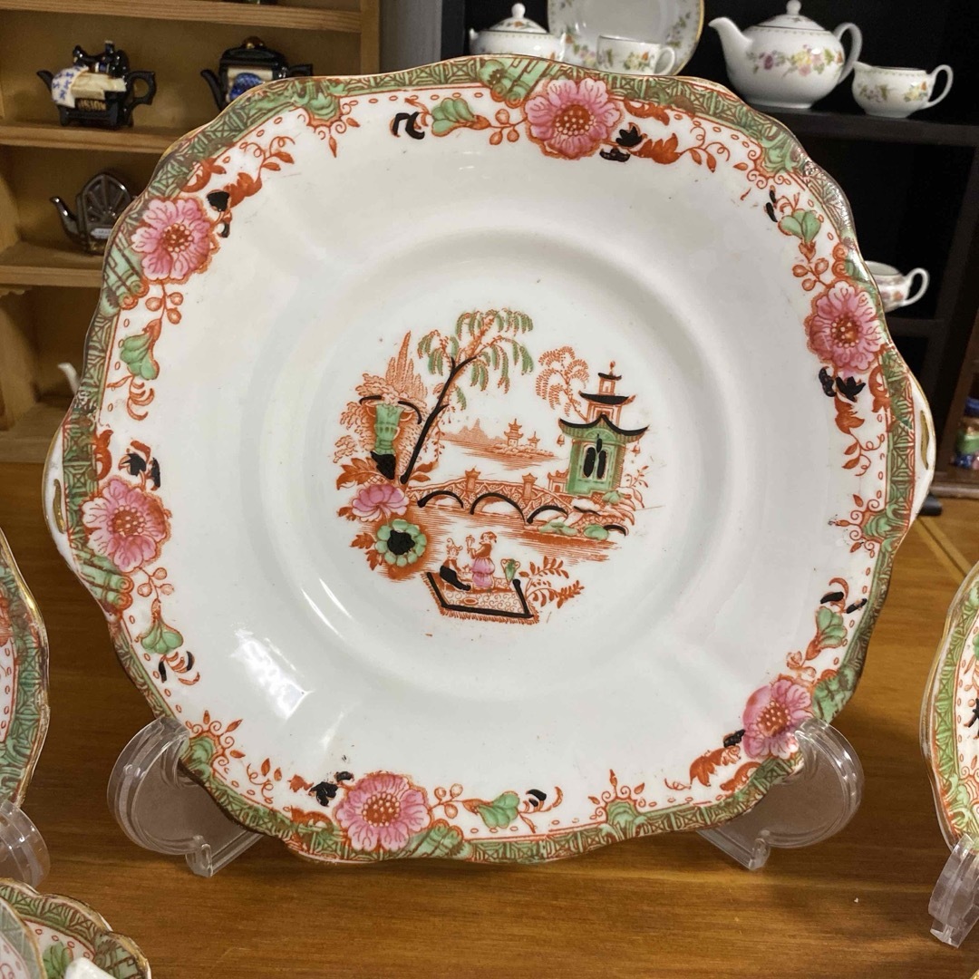 英国窯初期のアンティーク カップ ソーサー プレート シノワズリ c1880