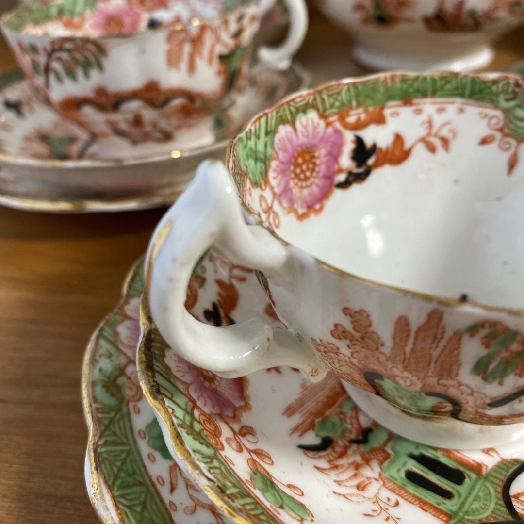 英国窯初期のアンティーク カップ ソーサー プレート シノワズリ c1880