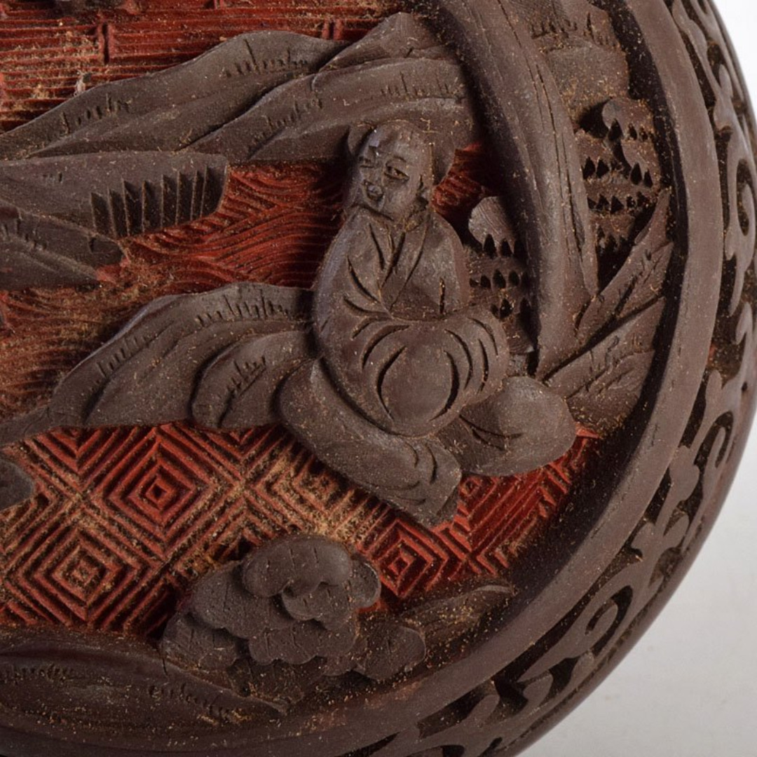 中国 堆朱 堆黒 内七宝 山水人物文 香合 V R9265