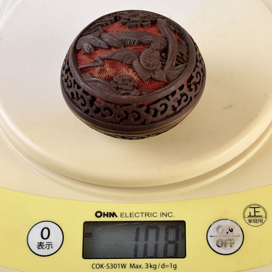 中国 堆朱 堆黒 内七宝 山水人物文 香合 V R9265