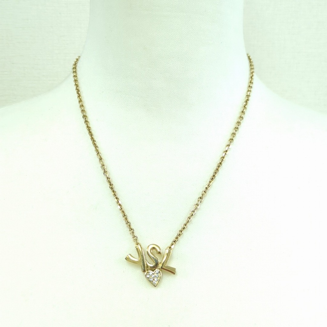 YSL イヴサンローラン ロゴネックレス ハート ラインストーン ゴールド