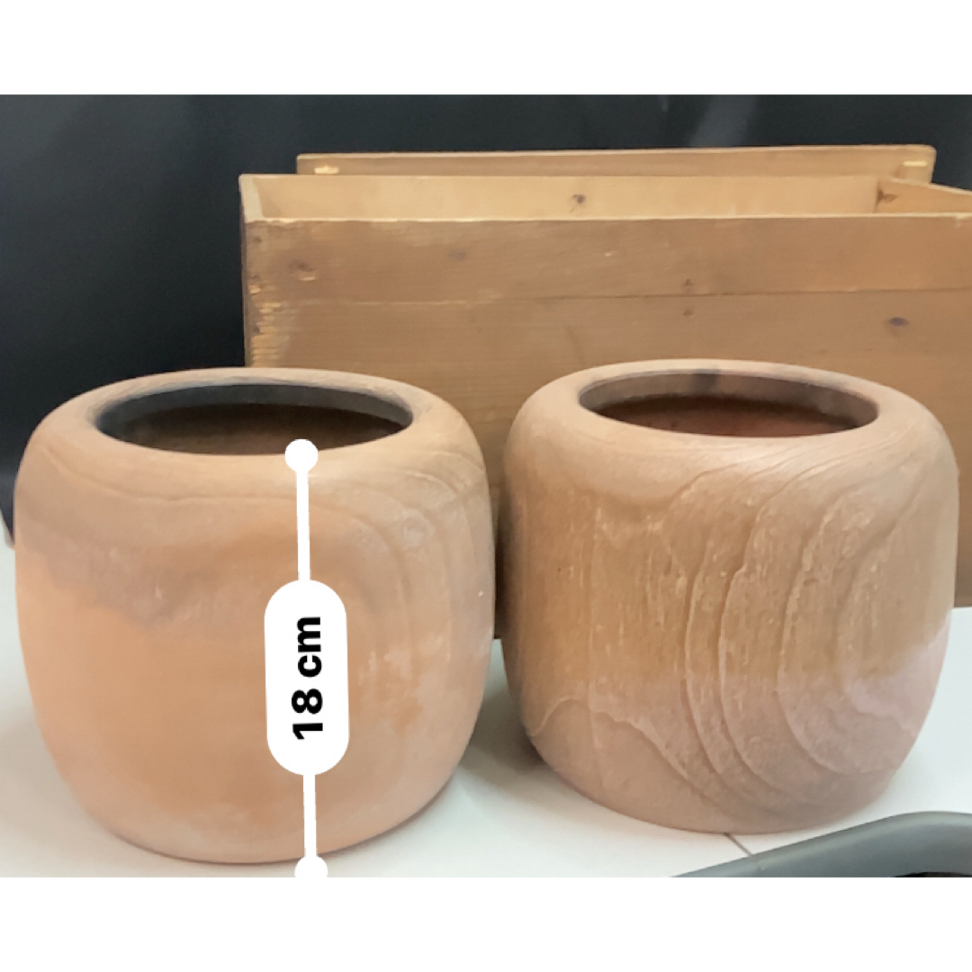 火鉢 2つセット 木箱付き アンティーク 木目調 陶器 高さ約19cm幅約21c