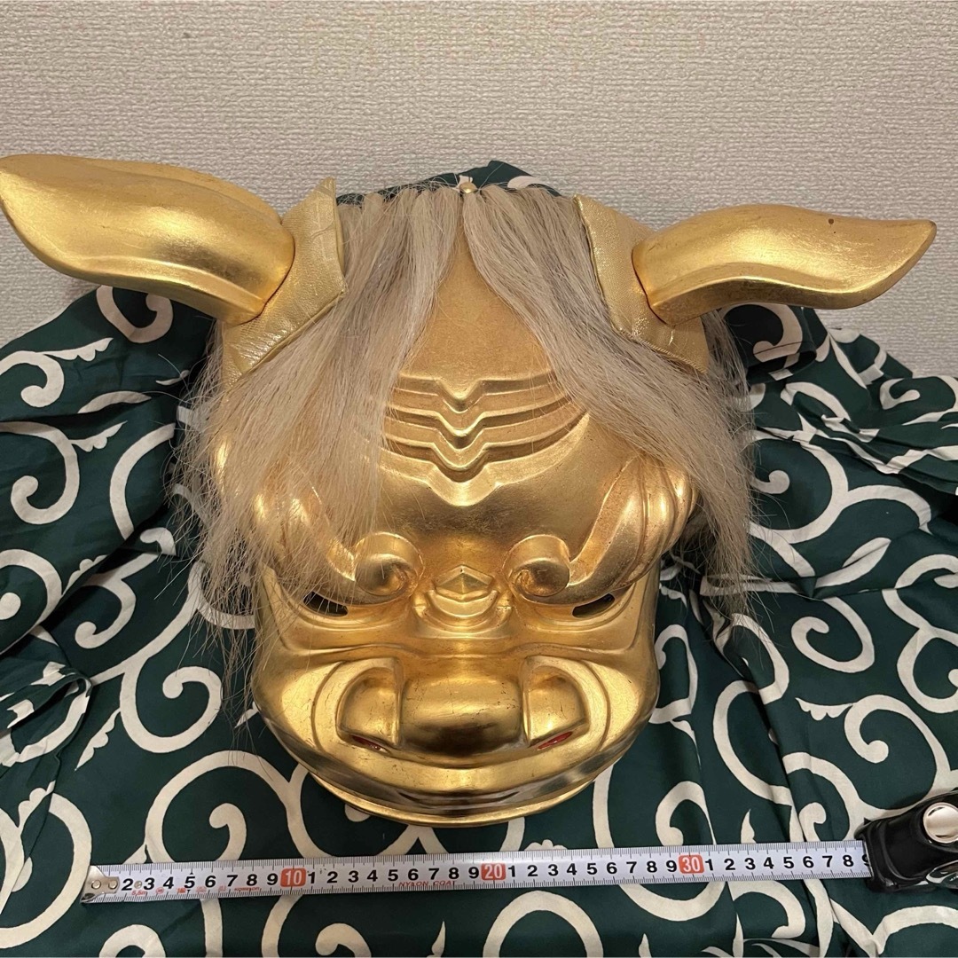 希少】 獅子舞 獅子頭 金箔 木彫 魔除け 金彩 古美術 木製 木彫 お祭り