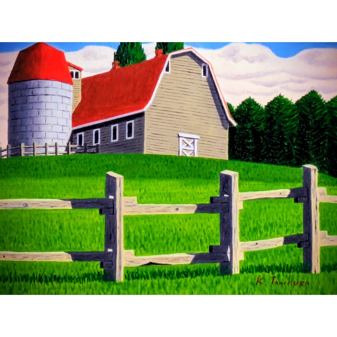 ☆サイロのある牧場・肉筆油彩画・F6キャンバス ☆サイロのある牧場