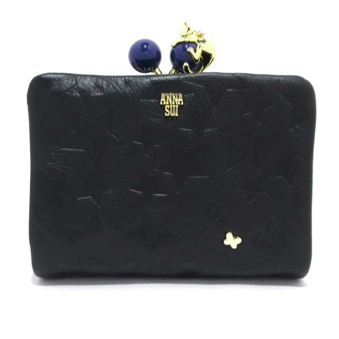 ANNA SUI(アナスイ) 2つ折り財布美品 - 黒 ネコ/スター(星)/がま口 レザー