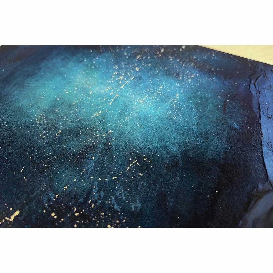 青と黒の宇宙の油彩画27cm25cm テクスチャーアート 抽象画 黒 青 海 光