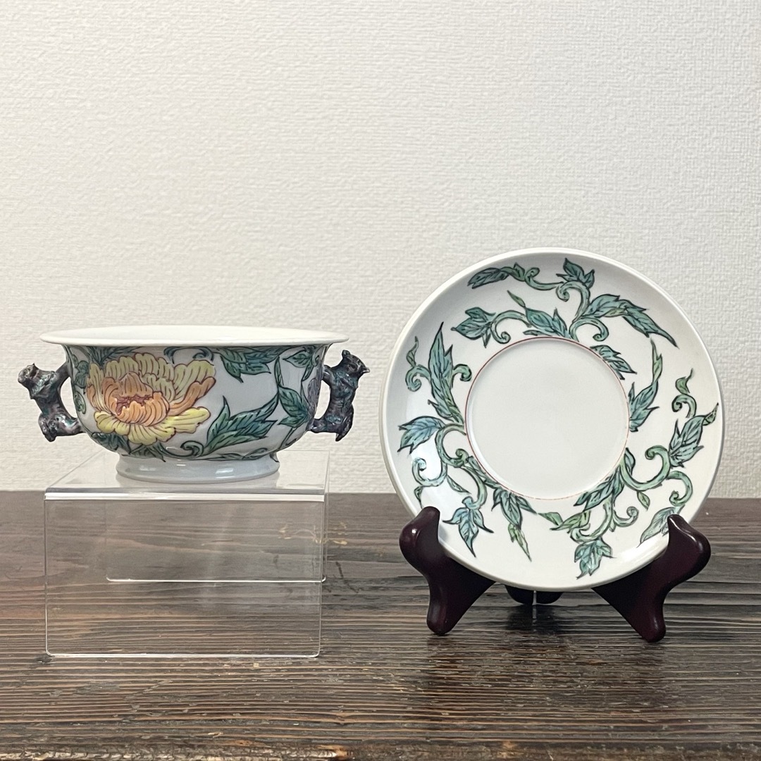 五代 清風与平？ 在銘 色絵 牡丹紋 唐獅子双耳 碗皿 詳細不明