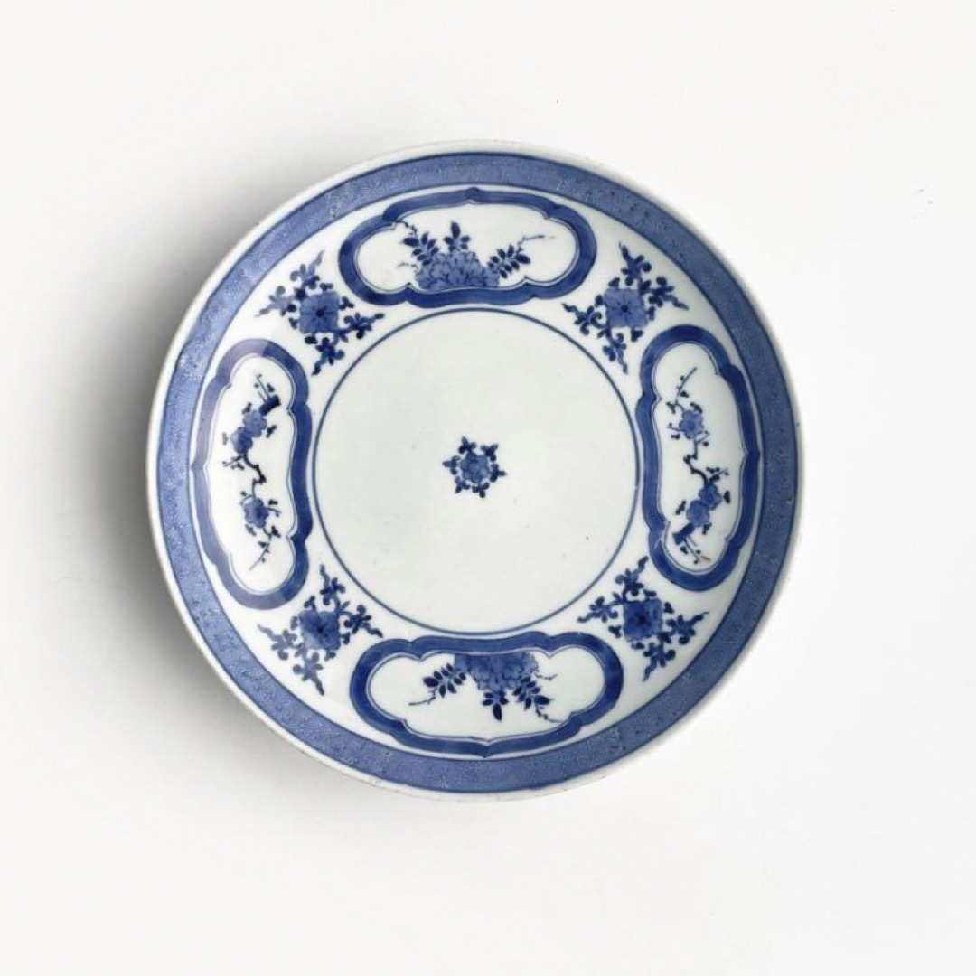 染付 線描き花文・麒麟図 七寸皿 六枚 径21．5cm】古伊万里 染付