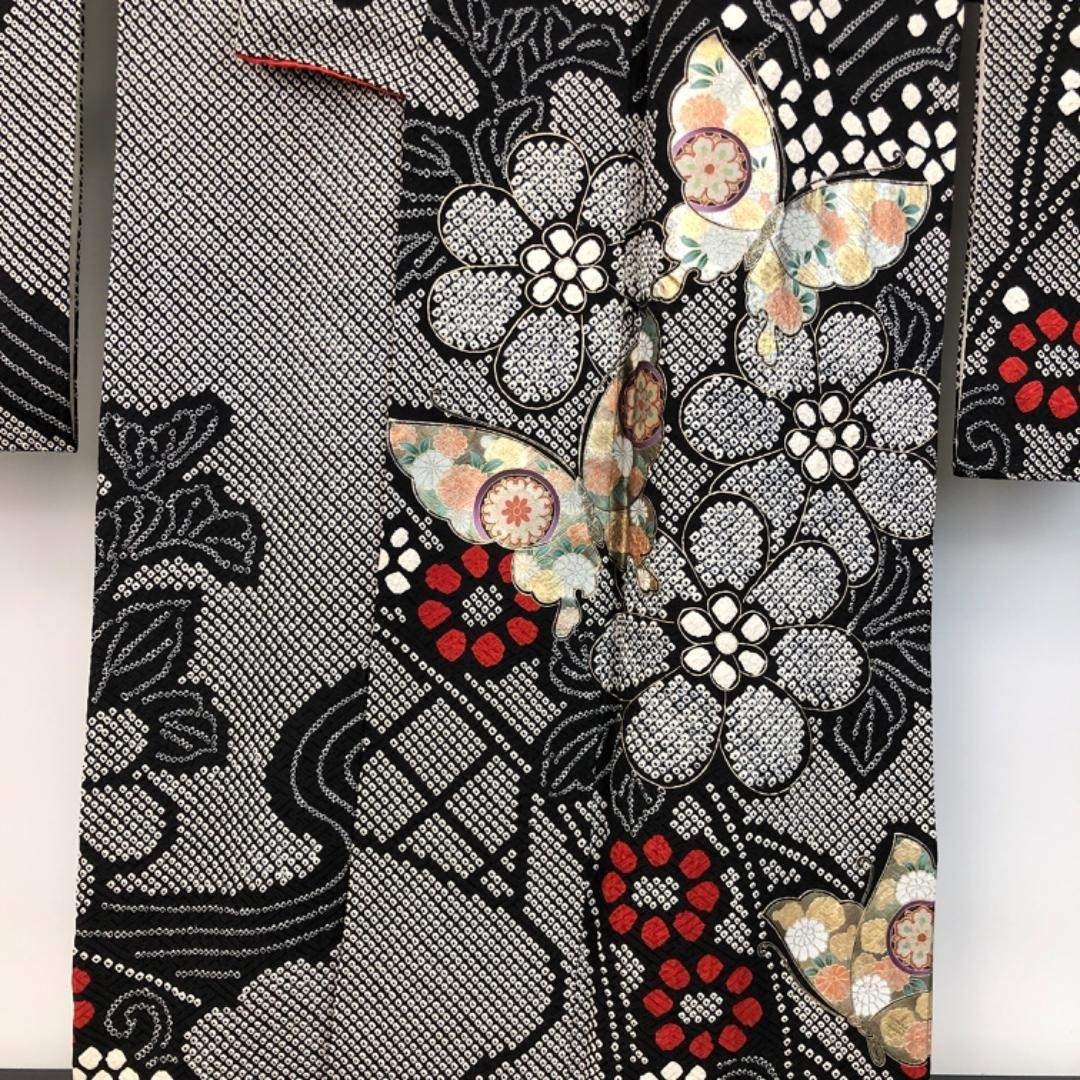 振袖 総絞り 波模様に蝶々 花模様 菊 黒色 金彩 トールサイズ K-5454