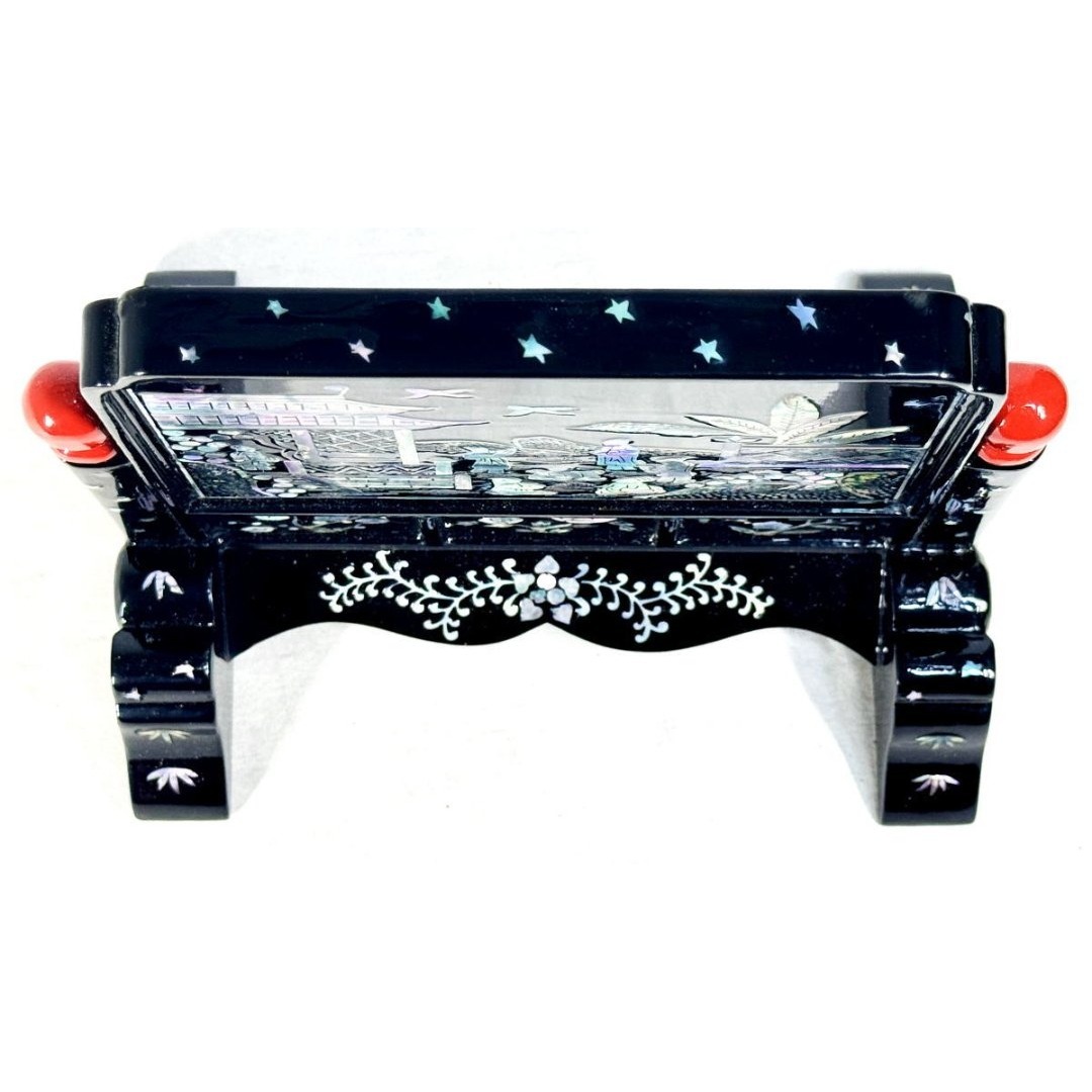 清時代 木製黒漆 青貝螺鈿装飾 山水人物麒麟神獣文 硯屏