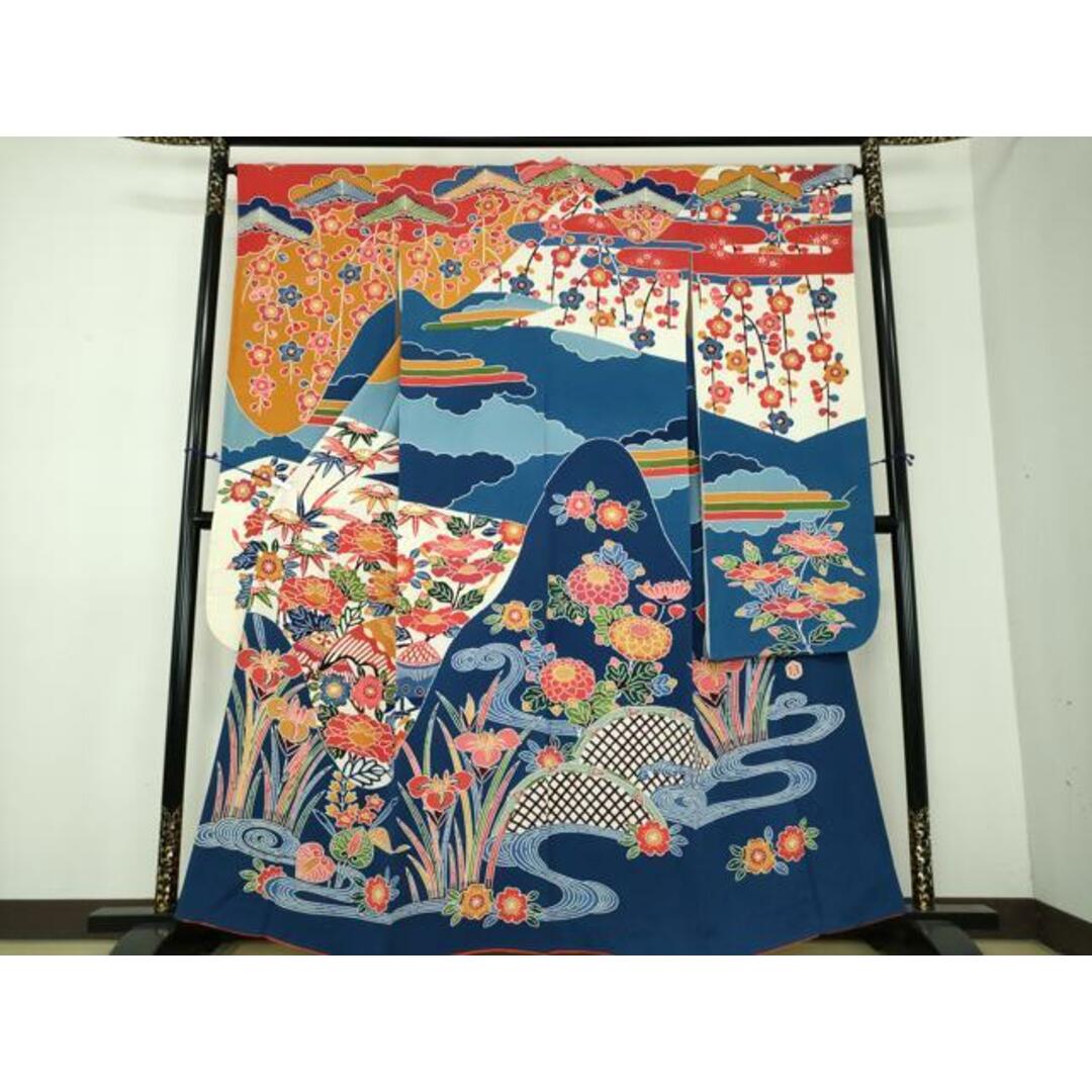 平和屋着物○和染紅型 栗山紅型 栗山吉三郎 振袖 流水風景花文 正絹