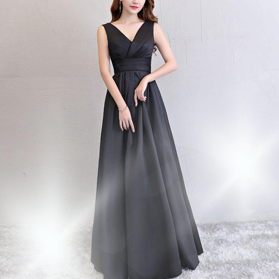 上品ブラック ロングドレス Vネック パーティー 発表会