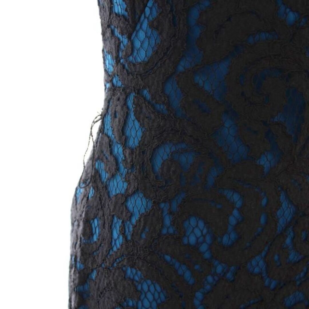 タダシショージ 総レース ロングドレス ワンピース Vネック 七分袖 2 青 黒