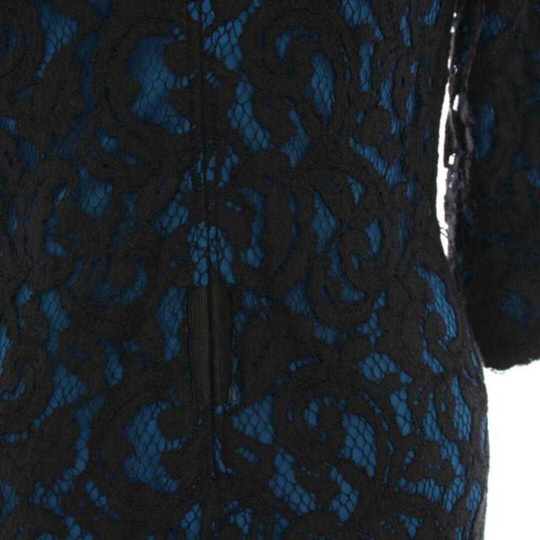 タダシショージ 総レース ロングドレス ワンピース Vネック 七分袖 2 青 黒