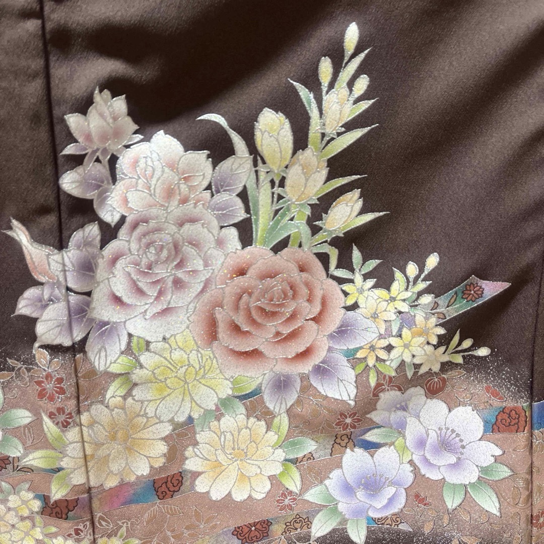 留袖 色留袖 金彩友禅 ポリエステル 茶色 五つ紋 長襦袢付き