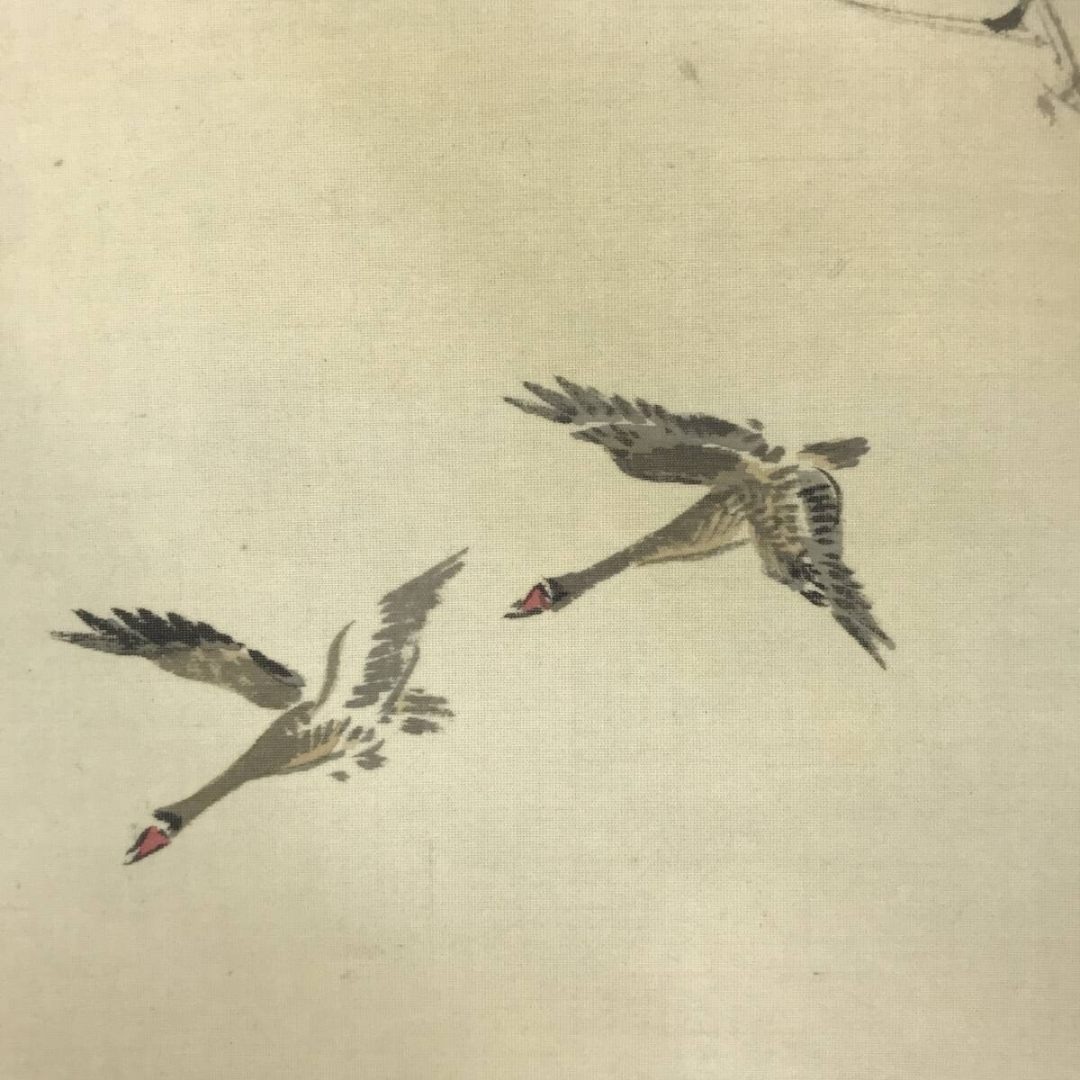 真作/今井景樹/湖畔飛鴨図/山水図/横物/秋の掛軸/掛軸