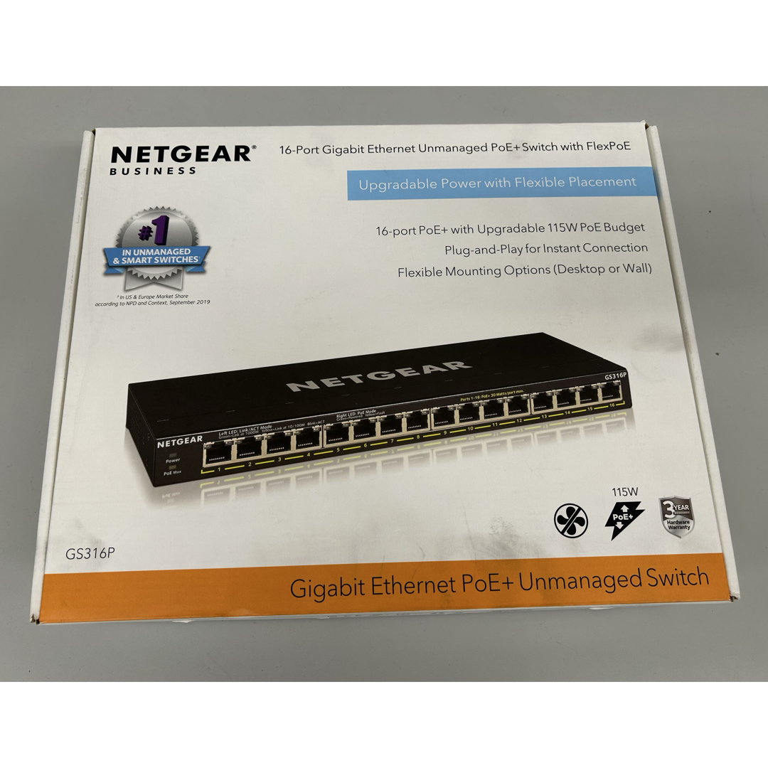 NETGEARスイッチングハブ 16ポート1G PoE+115W，GS316P