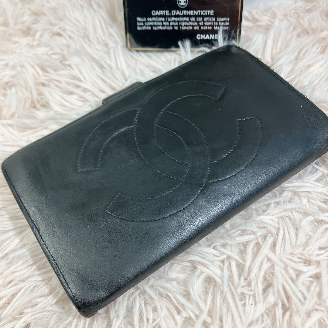 CHANEL ラムスキン ココマーク がま口 長財布 ギャランティカード 黒