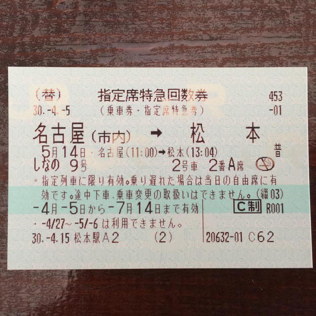 特急しなの回数券（名古屋市内＜ー＞松本）