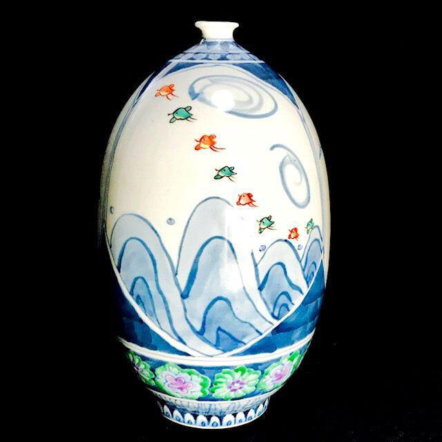 26㎝！有田焼 5代 佐藤走波 染錦 花蝶文 花器 一輪挿し 佐藤