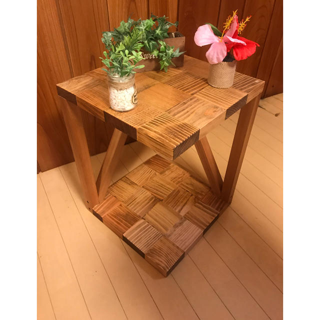 ハンドメイド 木製カフェテーブル リノリウム×タモ サイドテーブル