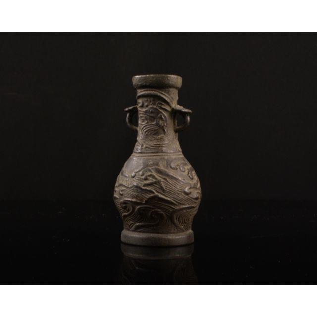 中国 古銅青銅 波文雙耳瓶 M R1834