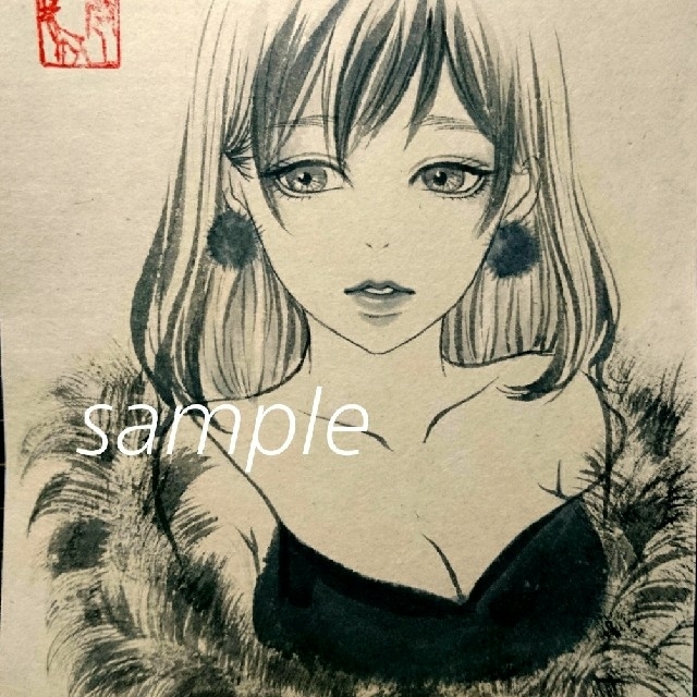 ポストカードプリント手描きイラストオリジナル黒髪美人画水彩画原画