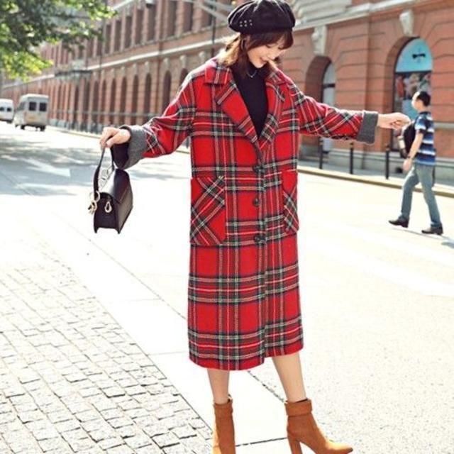 コート セレクトショップ チェスターコート チェック柄 赤 ロング