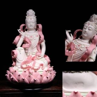 中国古玩/彩色蓮上観音菩薩坐像/保存箱付/