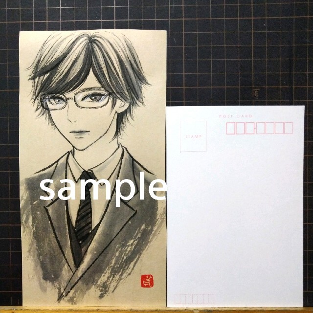 専用 手描きイラスト 原画 墨絵 水墨画 メガネのスーツ男子 オリジナル