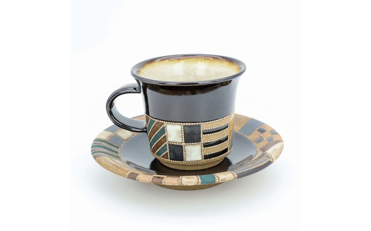 栃木県共通返礼品・益子町産】向山文也 象嵌釉彩境紋珈琲碗皿(黒)2組