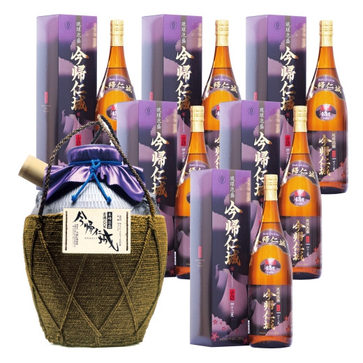 琉球泡盛 「今帰仁城43度古酒」 一斗壷&仕次ぎ用古酒6本セット - 沖縄