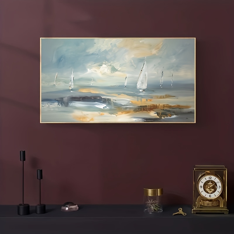油彩画 風景（川とボート） 金色フレーム QW4371｜絵インテリア 額付( 青緑