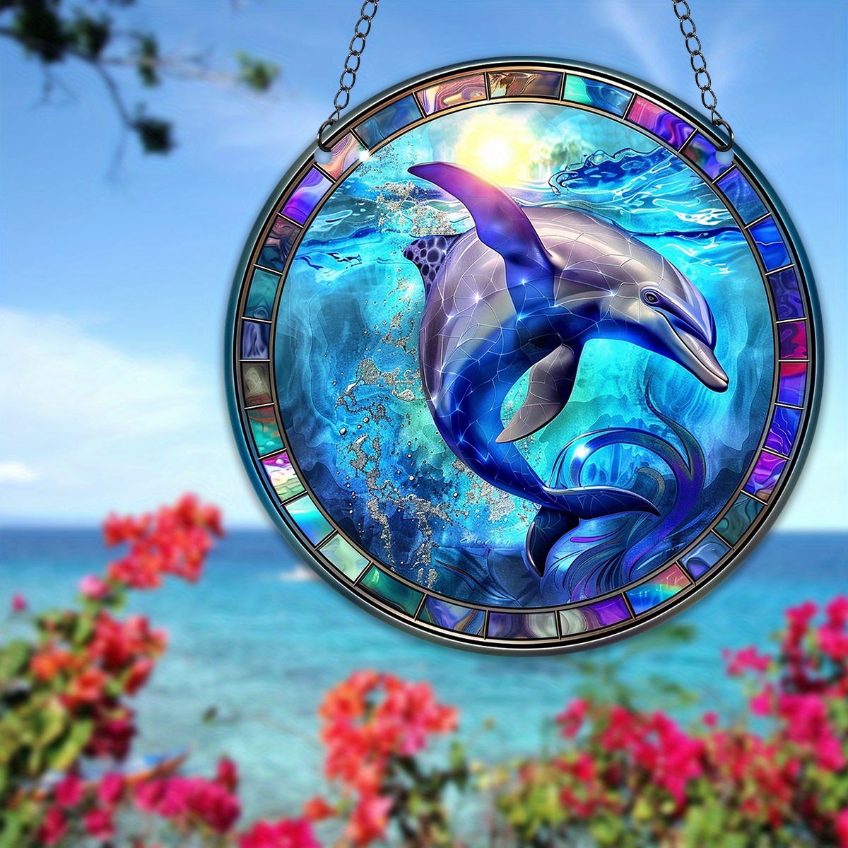 ステンドグラス製 2色のイルカのサンキャッチャーパネル イルカの