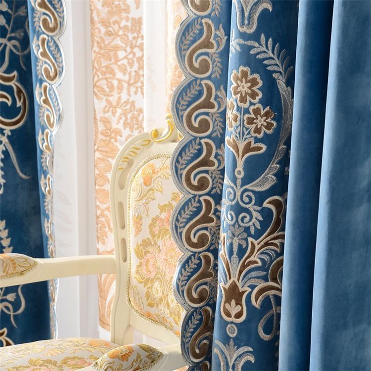 カーテン 遮光遮熱 花柄 刺繍 青色 北欧風 寝室 1枚